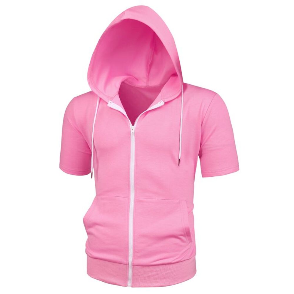 Men's Hoodies Solid Color Zip Up Short Sleeve Jackets with Hood Pink
